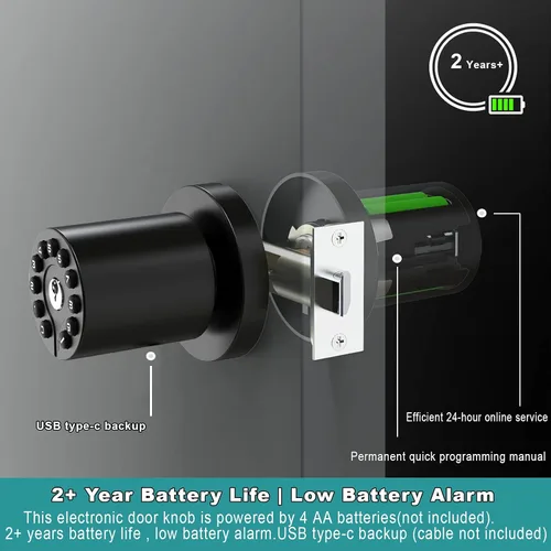 Vista 4 de Pomo de Puerta con Teclado y Llave, Cerradura de Puerta sin Llave, Cerradura de Código, Llave de Puerta, Bloqueo Automático, Código de 50 Usuarios