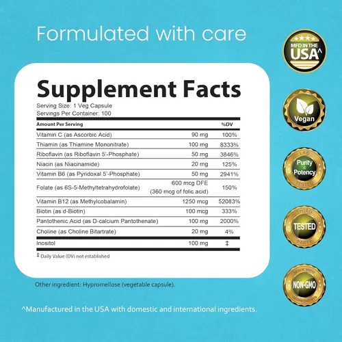 Vista 2 de NaturaLife Labs Complejo de vitamina B con vitamina C y ácido fólico – Incluye B1, B2, B3, B5, B6, B7, B9 y B12 – 100 cápsulas, vegano, sin OMG, sin