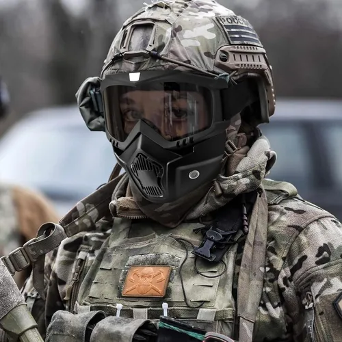 Vista 8 de Casco Airsoft y máscara, con riel lateral frontal de montaje NVG, máscara de cara completa, Paintball anti niebla, gafas desmontables