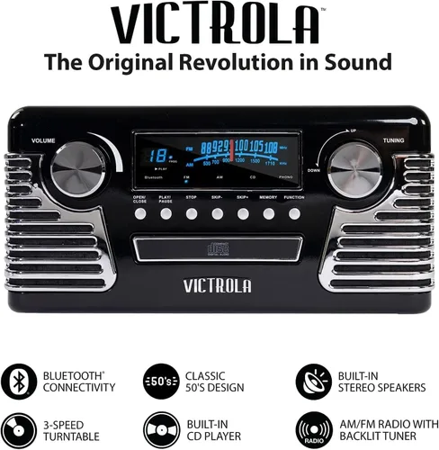 Vista 3 de Victrola Haley - Reproductor de discos retro Bluetooth y centro multimedia con altavoces integrados - Tocadiscos de 3 velocidades, reproductor