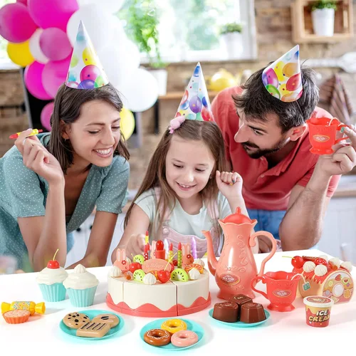Vista 8 de Juego de 82 piezas de comida para pastel de cumpleaños, juguete de comida, juguete de simulación, juego de corte, pastel, postres, helado y donas