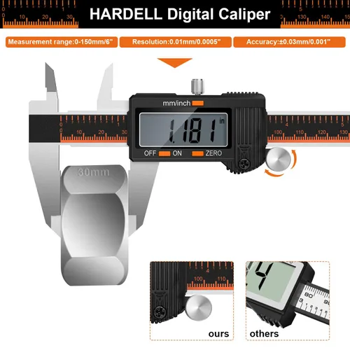 Vista 2 de HARDELL Calibre digital de 6 pulgadas, herramienta de medición de calibre de acero inoxidable con gran pantalla LCD, calibre de micrómetro