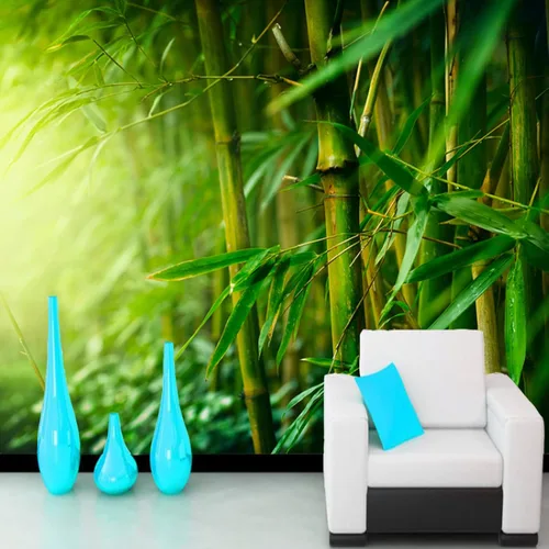 Vista 2 de Mural de pared de bosque de bambú, hojas verdes 3D, papel tapiz autoadhesivo para despegar y pegar, calcomanía extraíble para decoración del hogar