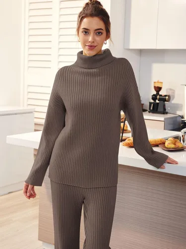 Vista 2 de LILLUSORY Conjunto de 2 piezas para mujer, suéteres de cuello alto, conjunto de descanso y pantalones de pierna ancha, conjuntos de sudadera