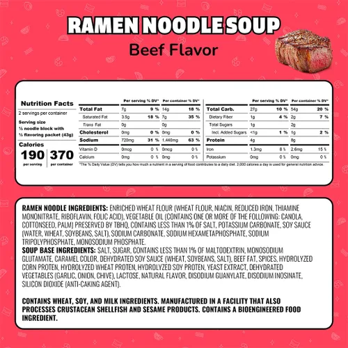 Vista 2 de Maruchan Ramen Fideos instantáneos sabor a carne de res, comidas listas para comer, 3 oz, 24