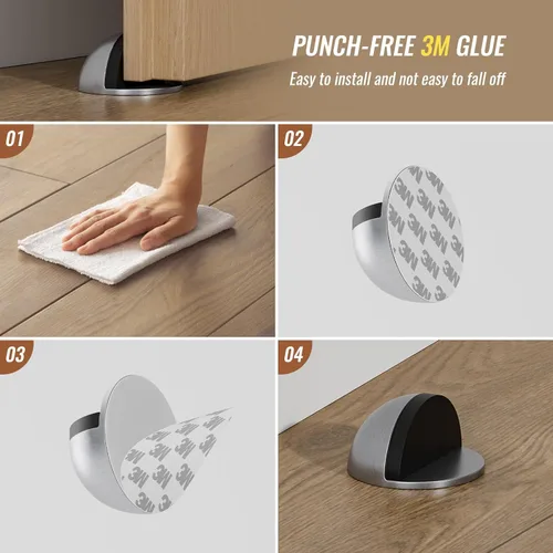 Vista 6 de Tope de puerta de suelo de media cúpula de acero inoxidable autoadhesivo con perforación sin goma, topes de puerta de suelo para dormitorio, sala