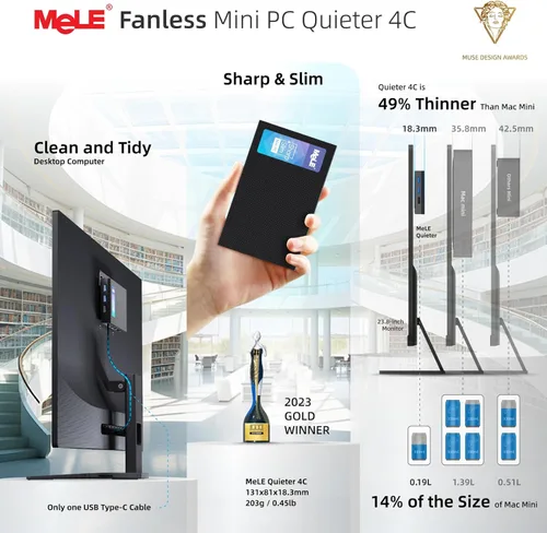 Vista 8 de MeLE Mini PC sin ventilador Quieter 4C N150 (Beat N100, N97), 16GB 512GB Mini computadora de escritorio Win 11, Full funcional USB-C, 2.4/5G Wi-Fi