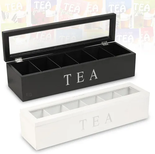 Vista 4 de Caja de almacenamiento de té de madera con 5 ranuras, madera, retro, organiza bolsas de té, bolsas de azúcar, muebles para el hogar (negro)