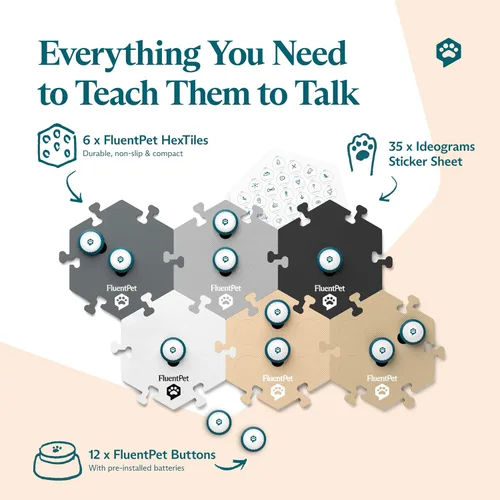 Vista 2 de FluentPet Kit de vocabulario de tecla Speak Up con sonido más claro hacia arriba, 12 botones grabables para perros y 6 HexTiles neutros Juego