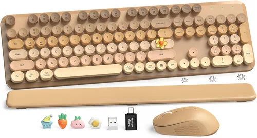 Vista 15 de Combo de teclado y mouse inalámbricos, teclado retro con teclas redondas, teclado estilo máquina de escribir de tamaño completo con reposamuñecas