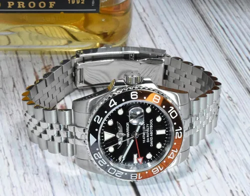 Vista 4 de TIME WARRIOR GMT - Reloj de cuarzo para hombre, bisel de cerámica, cristal de zafiro, bisel rojo y negro, para hombre, Reloj de cuarzo, buceador