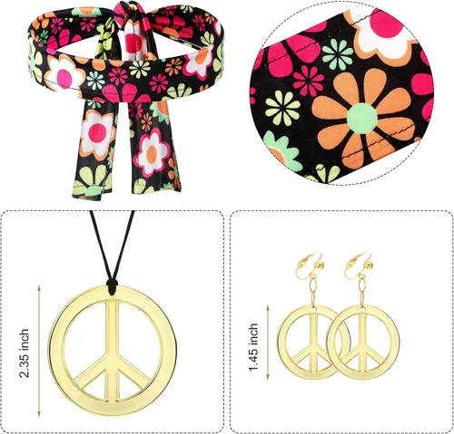 Vista 4 de Conjunto de disfraz hippie de los años 70 y 60, accesorios para fiesta de carnaval, Halloween, vestido de discoteca para niñas