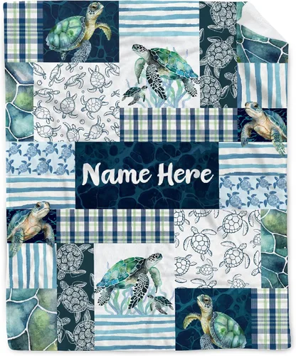 Manta personalizada de franela de vellón con nombre personalizado de tortugas marinas, manta ligera y suave para cama, sofá, viajes al aire libre,