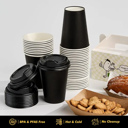 Vista 8 de RACETOP Tazas de café de papel de 12 onzas, paquete de 100 tazas de café desechables negras con tapas, tazas de papel caliente con tapas, taza