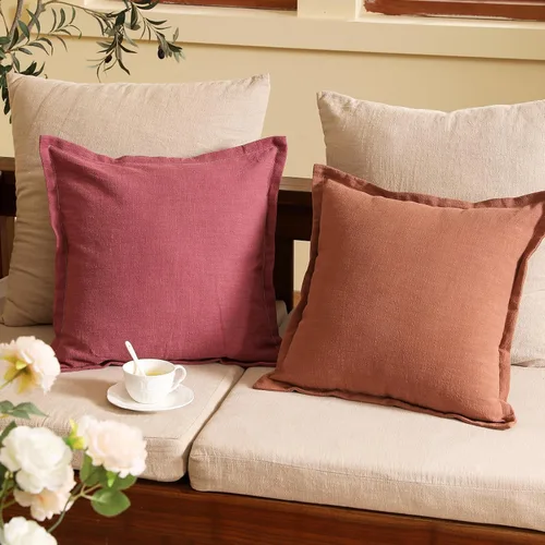 Vista 3 de patdrea Juego de 2 fundas de almohada cuadradas estilo shabby chic marrón tostado con borde plegable, fundas de almohada de lino de granja, fundas