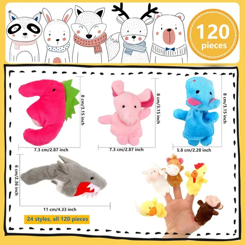 Vista 2 de Juego de 120 títeres de dedo de animales de peluche pequeños a granel, mini marionetas de dedo de peluche para espectáculos de marionetas