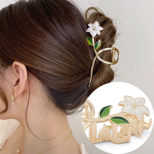 Vista 3 de Pinzas para el cabello, diadema de cangrejo de acrílico, pasador, cola de caballo gruesa y dorada, accesorios de estilo gótico, flor de lirio