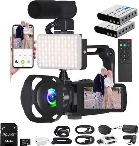 Vista 10 de Acuvar Videocámara 4K 48MP Auto Focus 60FPS WiFi Vlogging Cámara para YouTube 18X Zoom Videocámara digital con micrófono, estabilizador, lector