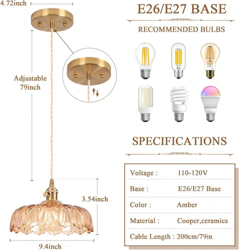 Vista 2 de Lámparas colgantes, lámpara colgante de techo de 9.4 pulgadas, E26, vintage, de cristal verde, para dormitorio, sala de estar, pasillo