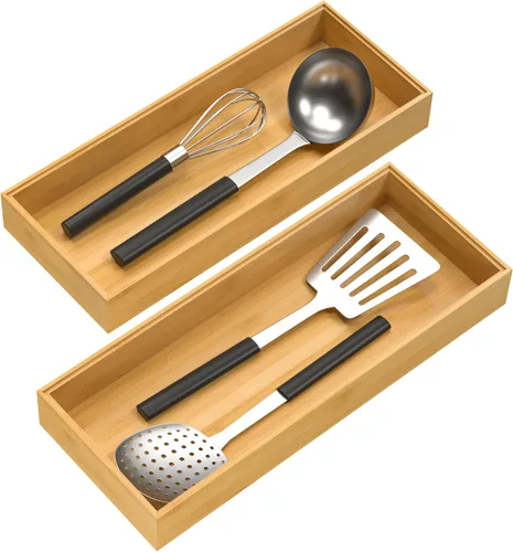 Vista 8 de VeyFey Bandeja de cubiertos para cajón, organizador apilable de bambú para cajones de cocina, 9 x 3 x 2 pulgadas, juego de 2