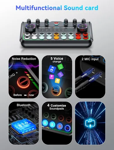 Vista 6 de Paquete de equipo de podcast SINWE para 2, interfaz de audio con micrófono de podcast para smartphone y PC, todo en un solo mezclador DJ