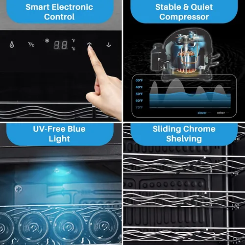 Vista 6 de Refrigerador de vino, enfriador de vino de 34 botellas para el hogar independiente con control digital de temperatura, puerta de vidrio