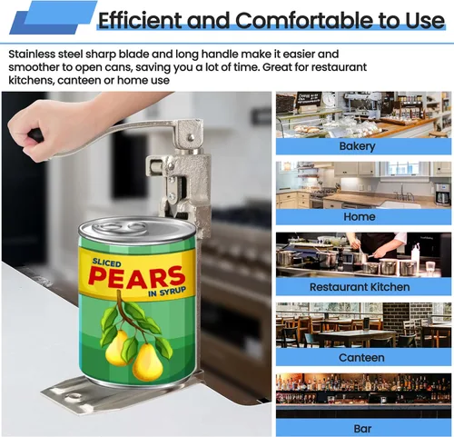 Vista 4 de MoHern Abrelatas comercial resistente, abrelatas industrial para latas #10, abrelatas manual con base de acero chapado para restaurante, tienda
