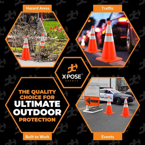 Vista 3 de Xpose Safety Conos de tráfico naranjas de 28 pulgadas con collares de 6 y 4 pulgadas, 1 paquete – Cono de seguridad de plástico PVC multiusos