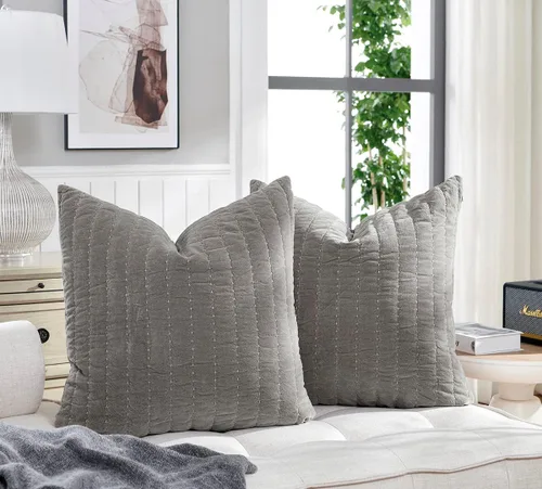 Vista 3 de COCOPLOCUE - Juego de 2 fundas de almohada de algodón grueso de 26 x 26 pulgadas, con cremallera oculta, decorativas, acolchadas, para sofá, Gris