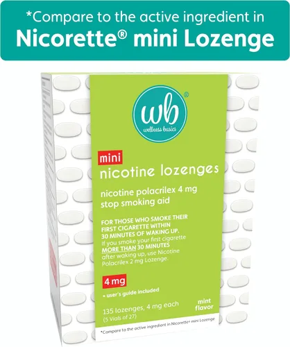 Vista 7 de Wellness Basics Mini pastillas de nicotina de 4 mg Ayuda para dejar de fumar Sabor a menta 135 unidades Paquete de 5 viales Reduce