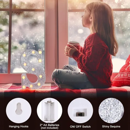 Vista 4 de Foaky LED Letter Lights Sign Light Up Silver Letters Letter Sign for Night Light Birthday Party Battery Powered Christmas Lamp Girls Gifts Home Bar