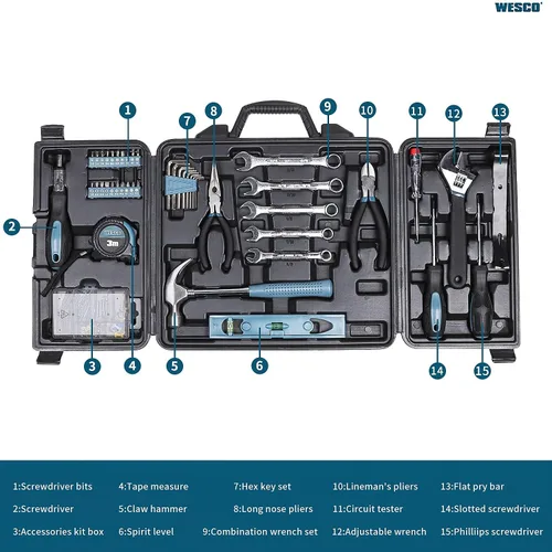Vista 2 de WESCO Kit de herramientas de 144 piezas, juego de herramientas de mano para el hogar, kit de herramientas para el hogar con estuche
