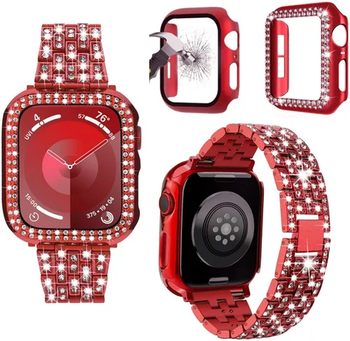 Vista 8 de JOHIPI Correa de reloj unisex, 1.575 pulgadas, acero inoxidable, diamantes de imitación, vidrio templado protector, adecuado para Apple Watch