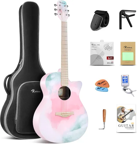 Vista 14 de Rosen Guitarra acústica Dreadnought de tapa sólida de 104 cm con abeto, para principiantes, con libro, bolsa acolchada, cuerdas, púas, llave Negro