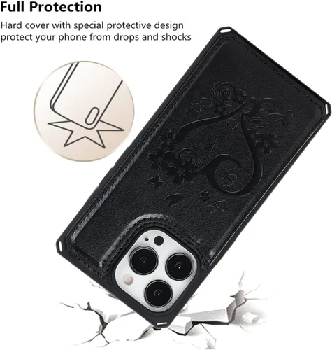 Vista 7 de iCoverCase Funda compatible con iPhone 13 Pro Max con tarjetero para mujer, bloqueo RFID en relieve de piel sintética con correa de muñeca de 6.7
