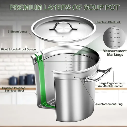 Vista 5 de Olla de acero inoxidable de 20 cuartos de galón con tapa, parte inferior de tres capas resistente de grado comercial olla grande y ollas para hervir