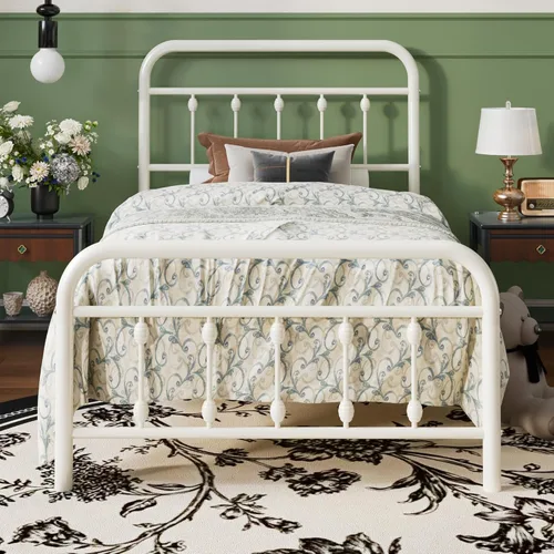 Vista 10 de SHA CERLIN Base de cama de plataforma de metal de tamaño matrimonial con cabecera y estribo de estilo victoriano, fácil montaje, almacenamiento Negro