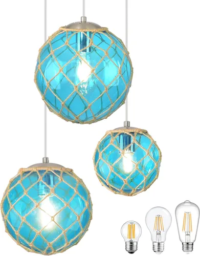 Lámpara colgante costera azul de 3 luces para isla de cocina, 3 globos de vidrio, candelabro de océano, lámpara de playa para casa de playa, lámpara