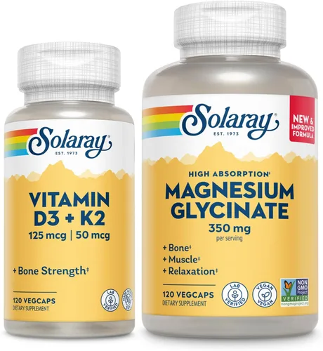 SOLARAY Vitamina D3 K2 y glicinato de magnesio – Paquete de salud ósea – Absorción de calcio, nervios, corazón e inmune apoyo con 5000 UI de