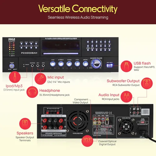 Vista 2 de Pyle Receptor amplificador Bluetooth de cine en casa de 4 canales, altavoz estéreo de 3000 W, receptor de audio para el hogar con radio, USB, 2
