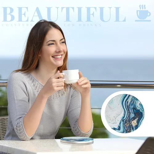 Vista 4 de 8 posavasos para bebidas con soporte, diseño de mármol océano, cerámica, absorbente, estilo océano, absorbente, con base de corcho para decoración