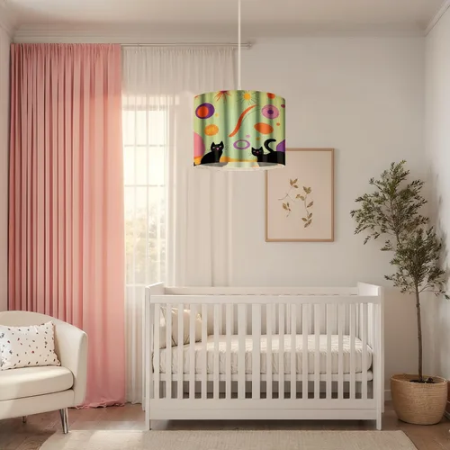 Vista 6 de Boho Plug in Pendant Light Sleek Black Cats Vibrant Atomic Patterns 1960s Design 16.4ft Plug in Cord Dimmable Hanging Lamp Fabric Lamp Shade Pendant