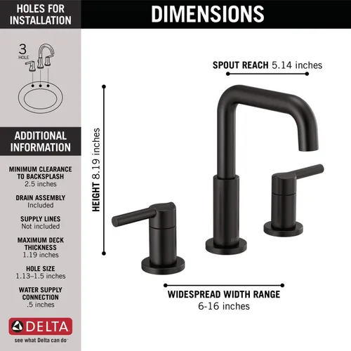 Vista 4 de Delta Faucet Nicoli - Grifo de baño de 3 agujeros, negro mate, 35749LF-BL