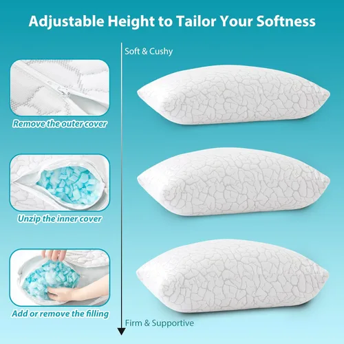 Vista 5 de Almohadas refrescantes para dormir, 1 paquete, almohadas de espuma viscoelástica trituradas ajustables de tamaño estándar, almohadas de cama firmes