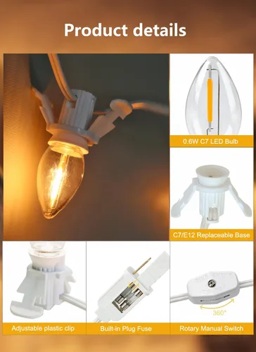 Vista 6 de Juego de 2 cables de accesorios de 6 pies con una bombilla LED, luces de cadena para interiores de molde soplado, lámpara C7 con fusible de repuesto