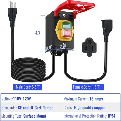 Vista 3 de Dreyoo 1 Pack Interruptor Monofásico Encendido/Apagado 120/230V, Interruptor de Mesa de Enrutador de 2HP a 120V con Gran Señal de Alto