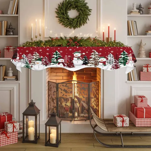 Vista 6 de Bufanda de chimenea de muñeco de nieve de Navidad, diseño de árboles de Navidad rojos, copos de nieve de invierno, bufandas para chimenea, estante