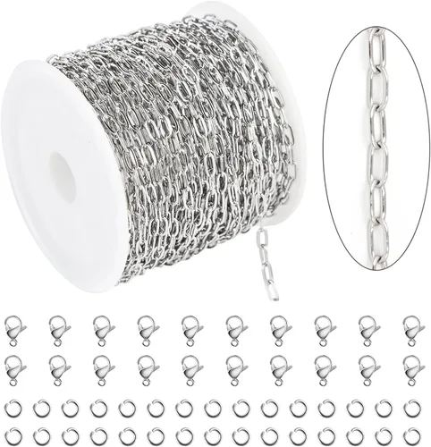 Vista 11 de KYUNHOO Cadena de cuentas de satélite de plata de 32.8 pies/32.8 ft, cadena de acero inoxidable 304 para hacer joyas, cadena de collar para mujer