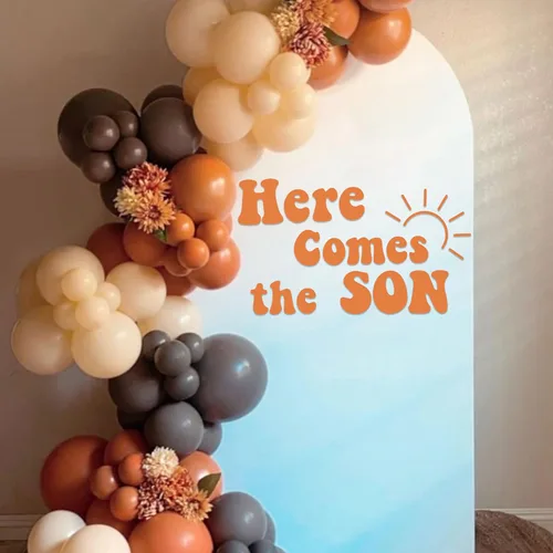 Letrero de calcomanía para fiesta de baby shower con texto en inglés «Here Comes The Son» (Here Comes The Son)
