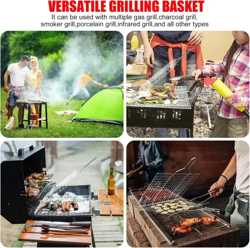 Vista 5 de Cestas de parrilla de pescado para asar al aire libre, barbacoa plegable de acero inoxidable, accesorios de parrilla con mango extraíble, cesta